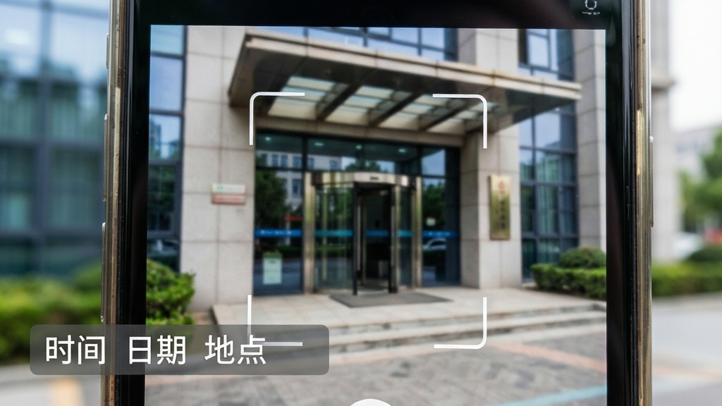 ���������Ǵ�ˮӡ���������ȡ��������д����Ļ������ʾһ���칫¥�ſڵĳ������������½ǵ����������ġ�ʱ�� ���� �ص㡱ˮӡ��������Ϊ�ֻ���������չʾ���Ű�ɾ������Ϊ�Ƽ�ʵ�÷磬ϸ�ڰ���ˮӡ���ֵİ�͸���׳ġ�ȡ����Խ���������Ļ��Ե�߹⣬��������������ɾ����޶���Ԫ��