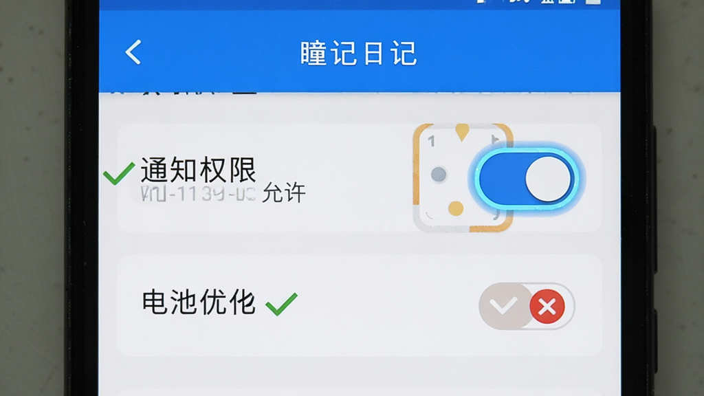画面为一部安卓手机屏幕特写,屏幕显示“瞳记日记”设置页面中的通知权限开关与电池优化选项,旁边配有对勾与叉号图标示意允许与禁止操作。布局为手机居中、图标分列两侧,风格为教程示意图,细节上开关按钮带有高亮描边,界面文字为中文,色调以白色与蓝色为主,画质清晰干净,无多余元素