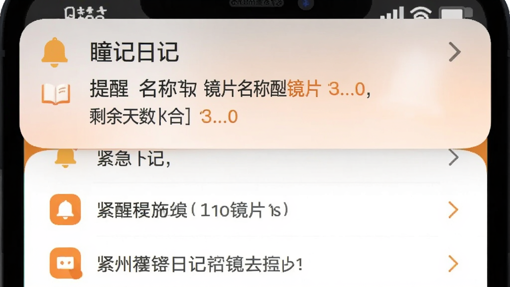 画面为手机通知栏特写与“瞳记日记”提醒卡片组合图,通知栏弹出中文提醒消息,内容为镜片名称与剩余天数,下方为应用内提醒列表按紧急程度排列。布局为上下结构,风格为扁平化界面展示图,细节上通知图标带有小铃铛元素,色调以白色与橙色点缀为主,画质清晰干净,无多余装饰