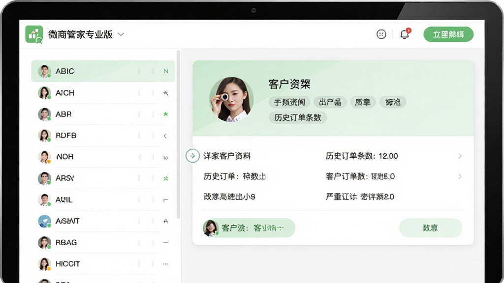 画面展示微商管家专业版的客户档案界面,左侧为按字母排序的客户列表,右侧为选中客户的详细资料卡片,卡片中包含头像、标签、历史订单条数等信息,界面采用卡片式设计风格,配色以白色和浅绿色为主,整体排版规整,画质清晰干净,突出信息层级关系,无多余装饰元素