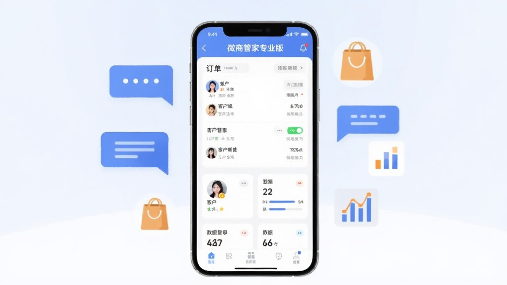 画面中央放置一部智能手机,屏幕上显示微商管家专业版的店铺管理主界面,界面包含订单列表、客户头像、数据统计卡片等模块,手机周围环绕着悬浮的对话气泡、购物袋、图表图标,背景为浅蓝到白色的柔和渐变,整体采用扁平化插画风格,布局简洁清晰,细节上突出手机屏幕内的界面层次,画质干净细腻,无多余杂乱元素