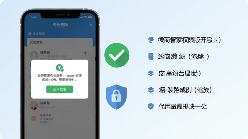 微商管家专业版在手机上的安装引导界面示意,画面中手机屏幕显示权限开启提示弹窗,旁边配有对勾图标与盾牌图标,背景为浅色渐变,采用扁平化信息图风格,布局左右分栏,左侧手机右侧文字要点,画质清晰干净,无多余元素