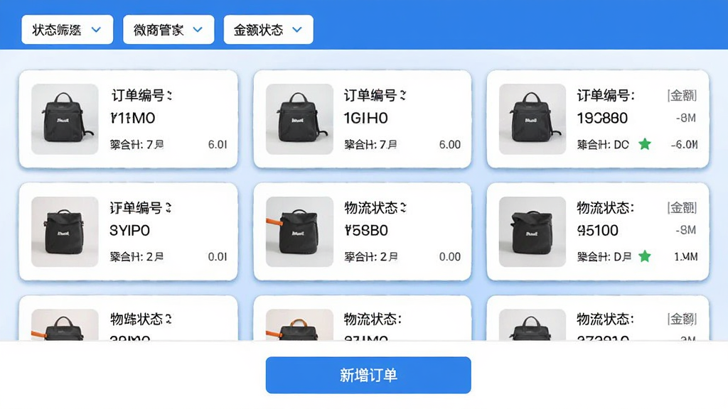 微商管家专业版订单管理页面展示,界面顶部为状态筛选标签,中部为订单卡片列表,每张卡片显示商品缩略图、订单编号、金额与物流状态,底部有新增订单按钮,整体采用清爽的蓝白配色,卡片带有轻微阴影,排版整齐,画质细腻,无杂乱背景