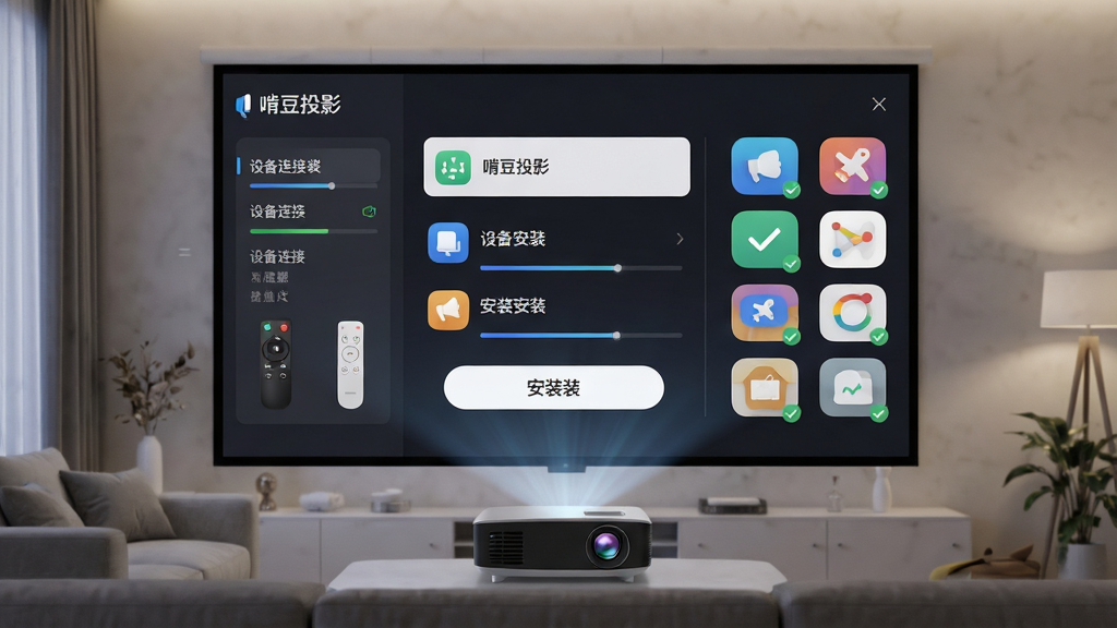 啃豆投影应用部署界面展示,主体为客厅场景中的智能投影仪投射出大屏画面,画面中央显示应用列表与安装按钮,布局左侧为设备连接状态栏,右侧为应用图标网格,风格为现代扁平化科技风,细节包含遥控器图标、进度条与对勾标记,画质清晰干净,画面中文字为“啃豆投影”“一键安装”,无多余元素