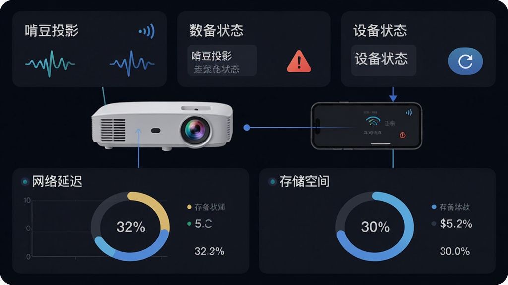 啃豆投影设备状态监测界面展示,主体为投影仪与手机连接示意图,布局上方为设备信息卡片,下方为网络延迟与存储空间环形图表,风格为深色科技风数据面板,细节包含信号波形图标、警告三角标识与刷新按钮,画质清晰干净,画面中文字为“啃豆投影”“设备状态”,无多余元素