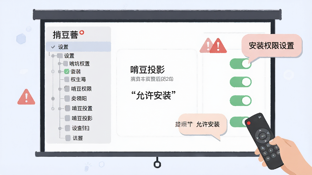 啃豆投影安装避坑示意图,主体为投影仪屏幕显示安装权限设置界面,布局左侧为设置菜单树,右侧为权限开关与提示气泡,风格为扁平化教程插图,细节包含红色警示三角、对勾图标与遥控器操作示意,画质清晰干净,画面中文字为“啃豆投影”“允许安装”,无多余元素