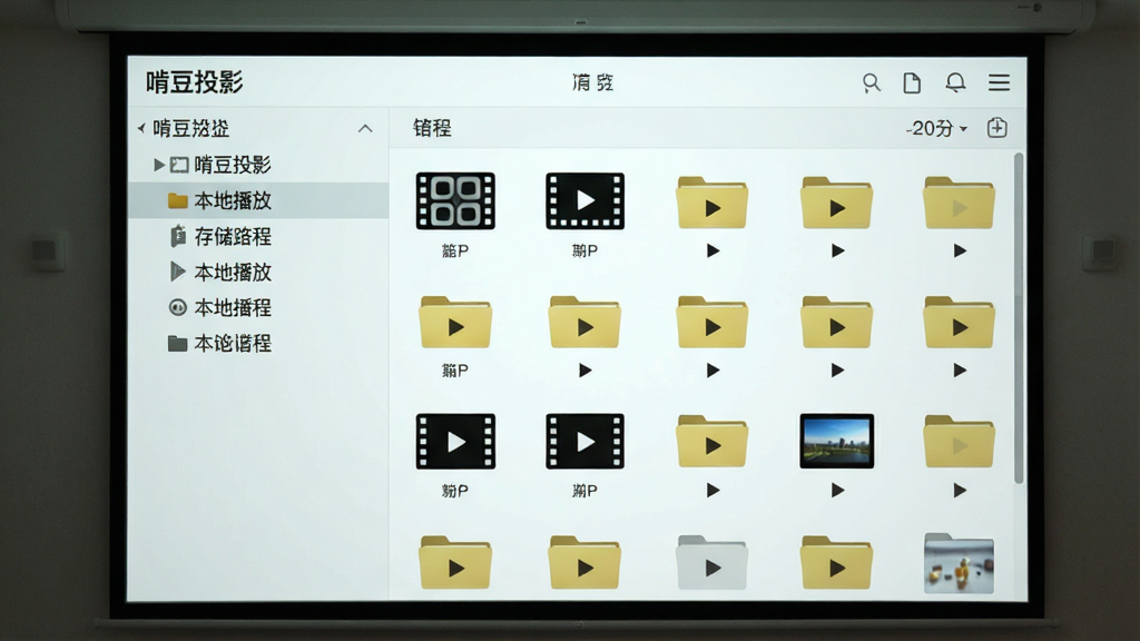 啃豆投影本地资源管理界面展示,主体为投影大屏上显示的文件浏览列表,布局左侧为存储路径导航,右侧为缩略图网格,风格为清爽浅色系工具界面,细节包含视频胶片图标、文件夹图标与播放按钮,画质清晰干净,画面中文字为“啃豆投影”“本地播放”,无多余元素