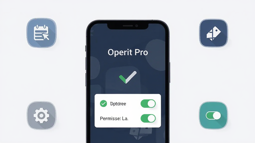 画面展示一部手机屏幕显示 Operit Pro 安装完成界面,旁边有勾选图标和权限开关示意,背景为浅色简洁风格,布局为手机居中、周围环绕设置图标,风格为扁平化教程插画,细节包含“Operit Pro”文字和权限开关图形,画质清晰、干净、无多余元素