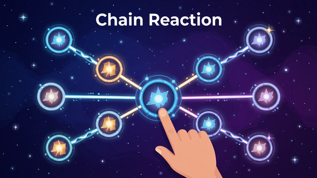 һ��չʾ������ӦChain Reaction�����淨�ĺ�泡��ͼ���������������ɳʷ���״���е�Բ�������ڵ㣬�ڵ�֮���÷������������γ�����������Ϊ��������ɫ�Ľ����ǿգ�ǰ����һֻ��ָ������ڵ������һ���ڵ㣬������Ϊ��ƽ���Ƽ��в廭����ͼ���жԳƣ�ɫ�������Ա����������ʸɾ�ϸ�壬�������������֡�Chain Reaction��λ�ڶ������룬�޶���װ��Ԫ��