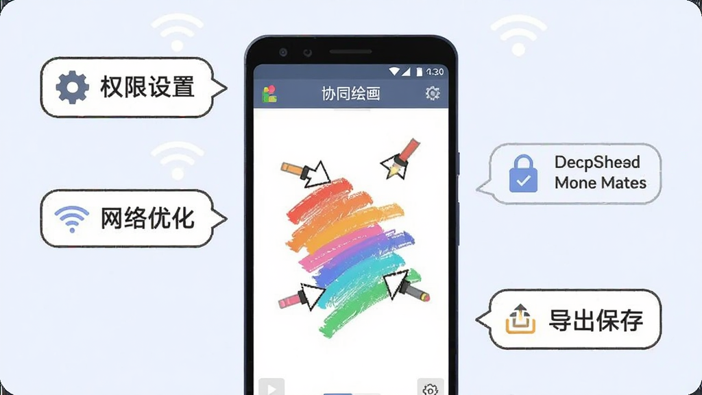 ��������Ϊһ����׿�ֻ���ĻչʾЭͬ�滭������棬���ֲ�������ƽ�ӹ�ͼ����Ļ�пɼ����˹��Ͳ�ɫ�ʴ����Ű����ֻ����С����ܻ�����ʾ���ݱ�ע��Ȩ�����á��������Ż������������桱��Ҫ�㣬���Ϊ��ƽ���̳̲廭��ϸ�ڰ������ó���ͼ�ꡢWi-Fi�źű�ʶ�͡�Эͬ�滭�����ƣ����������ɾ����޶���Ԫ��