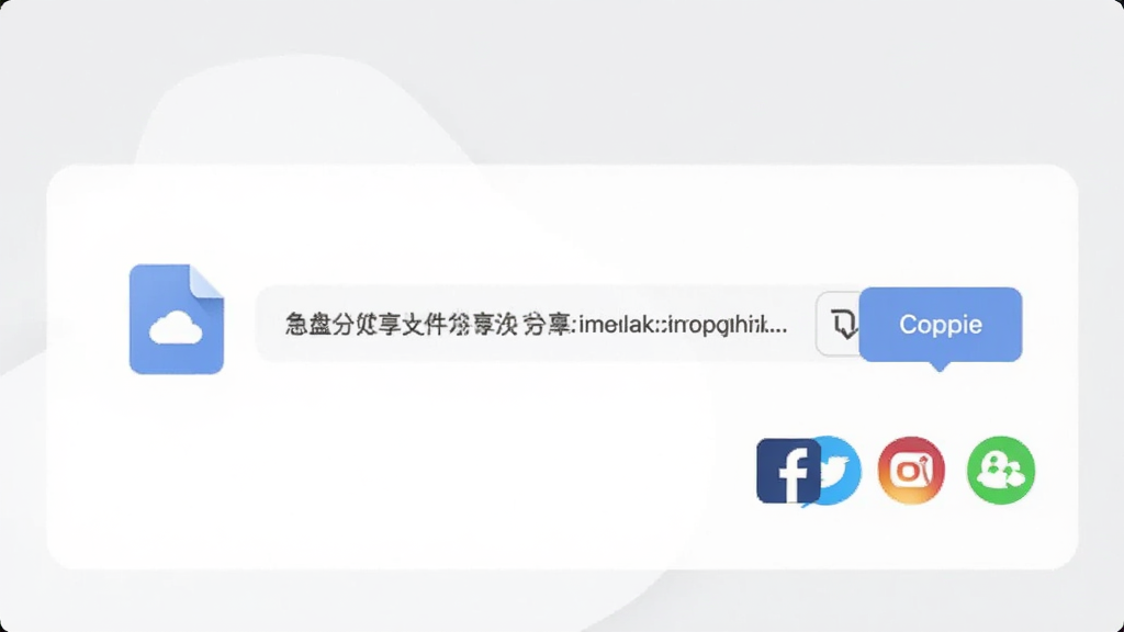 云免盘文件分享功能界面,画面展示一个文件图标与一条分享链接,旁边有复制按钮与社交软件图标,背景为白色与浅灰色搭配,布局简洁,风格现代,画质清晰干净