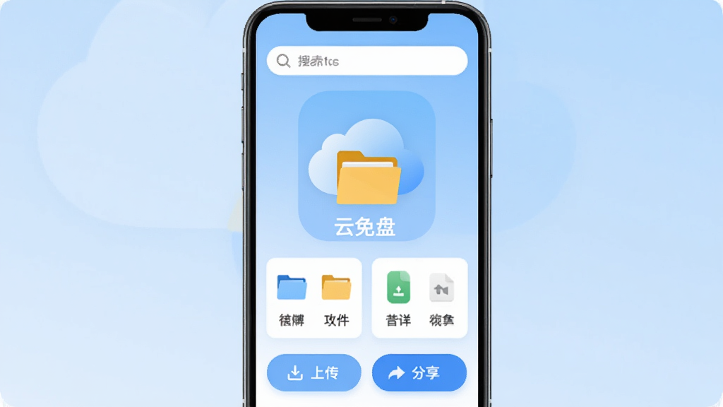一款名为云免盘的手机云存储应用主界面,居中展示云朵与文件夹组合的图标,背景为浅蓝色渐变,界面布局清晰,上方为搜索栏,中部为文件分类卡片,下方为上传与分享功能按钮,整体风格简洁现代,扁平化设计,画质清晰干净,无多余元素