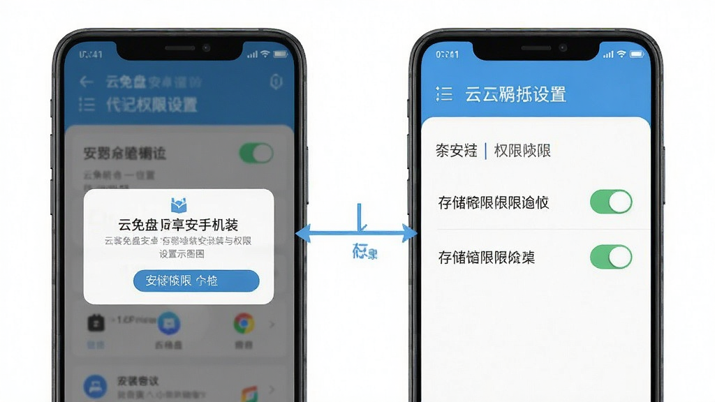 云免盘安卓手机安装与权限设置示意图,画面展示手机屏幕上的安装确认弹窗与存储权限开关,界面简洁,配色清新,标注清晰,画质干净
