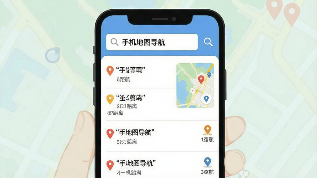 画面主体为手机地图导航搜索界面,屏幕上方为搜索框,下方列表展示多个地点结果,旁边配有地图缩略区域与地点图标;布局为手机正面展示,界面元素上下分层;排版清晰,搜索框与结果列表形成视觉引导;风格为简洁的移动应用界面插画;细节包含放大镜图标、地点名称文字、距离标签,界面中文字使用引号标注为“手机地图导航”;画质清晰,干净,无多余元素