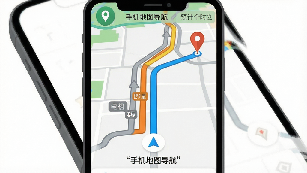 画面主体为手机地图导航界面特写,屏幕显示起点与终点之间的多条彩色路线,蓝色主路线高亮,灰色备选路线并列展示;布局为手机屏幕居中放大,四周留白;排版突出路线线条与起终点图标;风格为扁平化界面示意插画;细节包含定位光标、路线里程标签、预计时间文字,界面文字使用引号标注为“手机地图导航”;画质清晰,干净,无多余元素
