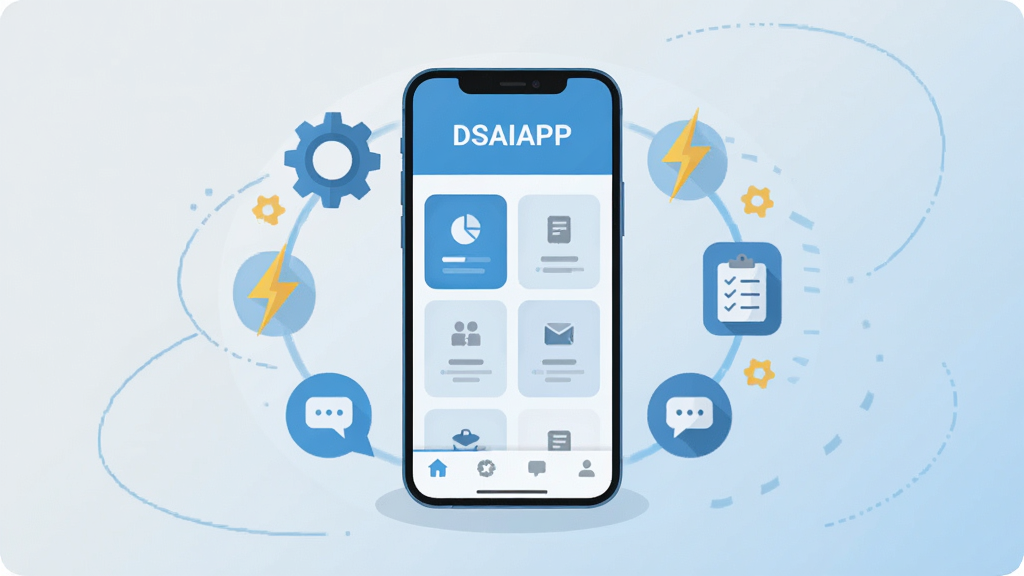 画面中央放置一部智能手机,屏幕显示简洁的“DSAIAPP”应用主界面,界面以白色和浅蓝色为主色调,布局为上方标题栏、中部功能卡片网格、底部导航栏;手机周围环绕齿轮、闪电、清单、消息气泡等扁平化图标,呈环形分布;整体风格为现代科技感扁平插画,细节干净利落,背景为浅灰到淡蓝的柔和渐变,画面干净无多余元素,高清画质,构图居中对称