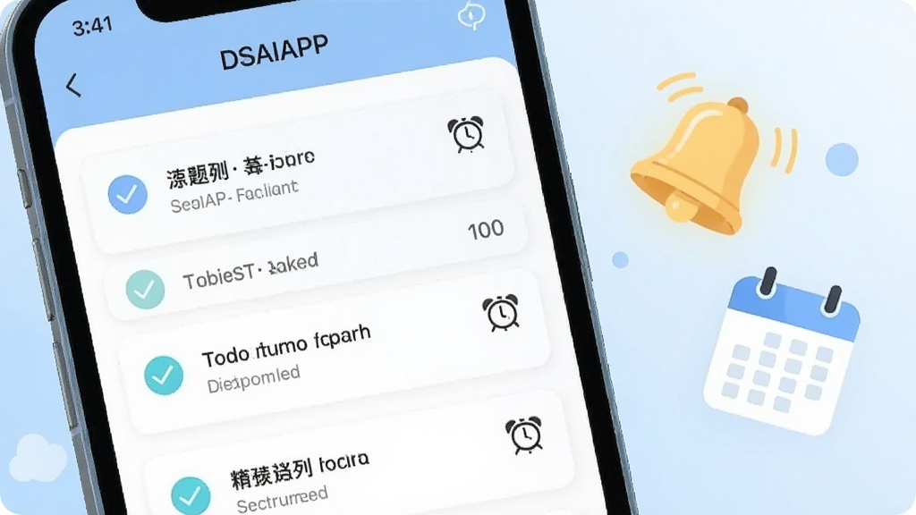 手机屏幕显示“DSAIAPP”任务列表界面,多条待办事项以卡片形式排列,部分卡片带有勾选标记和闹钟图标;画面右侧漂浮一个发光的铃铛和日历图标,风格为清新扁平插画,主色为浅蓝与白色,背景为柔和渐变,构图清晰,画质干净高清