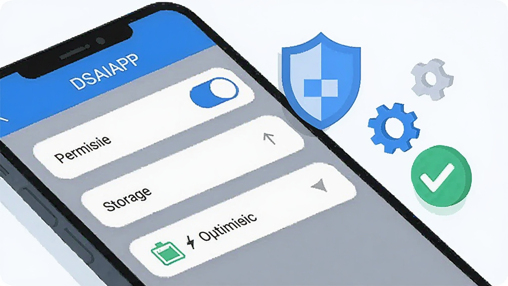 一部手机屏幕显示“DSAIAPP”设置界面,界面中有权限开关、存储条和电池优化选项,旁边漂浮盾牌、齿轮和勾选图标;整体为扁平化说明风格插画,主色蓝白灰,背景浅色干净,构图清晰,高清画质,无杂乱元素