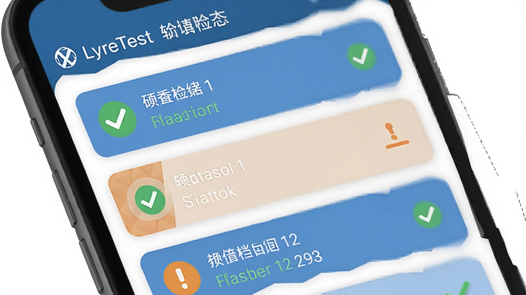 һ�� LyreTest ���������ҳ��Ľ���ʾ��ͼ����������Ϊ�ֻ���Ļ����Ļ��չʾ���Ӳ��������б���ÿ�������ɫ�Թ����ɫ��ʾͼ�꣬����Ϊ�������еĿ�Ƭʽ�ṹ�������ˬ��ƽ����ϸ�ڰ�����Ŀ������״̬���֣����������ɾ����޶���Ԫ��