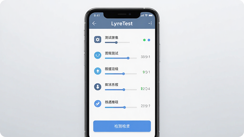 һ���ֻ���Ļ����չʾ LyreTest ����������Ĳ�Ʒչʾͼ�������������ֻ�����Ļ����ʾ���Ĳ�����Ŀ�б����ⰴť������Ϊǳ��ɫ���䣬���岼�־��жԳƣ�����ִ��Ƽ��У�ϸ�ڰ���ͼ�ꡢ��������״̬��ʶ�����������ɾ����޶���Ԫ��