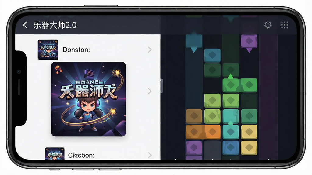手机界面显示曲目列表与节奏方块下落画面,左侧为歌曲封面缩略图,右侧为下落式节奏轨道,界面清爽,软件名称“乐器大师2.0”位于顶部,现代扁平设计风格,画质细腻干净