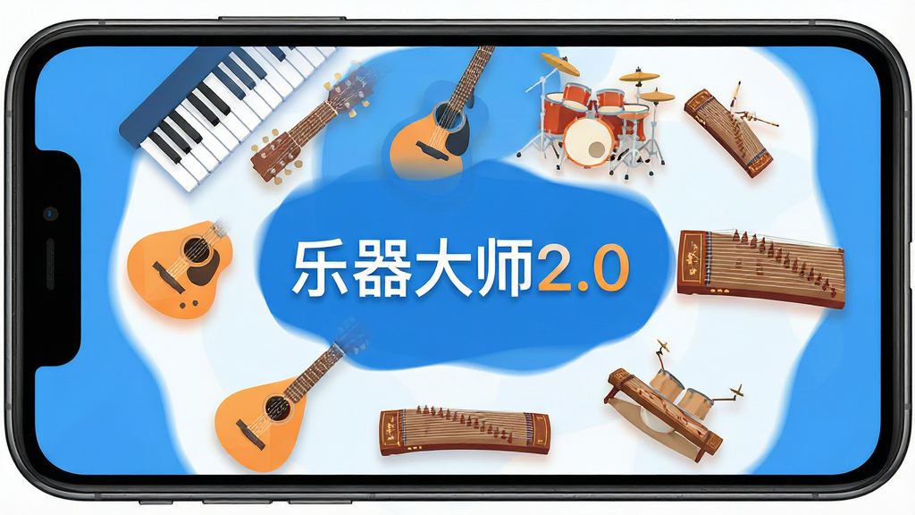 手机屏幕中央展示多款乐器图标环绕排列,钢琴键盘、吉他琴颈、架子鼓、古筝等元素清晰可见,界面简洁明亮,蓝色与橙色为主色调,标题文字“乐器大师2.0”,扁平化UI风格,干净无多余装饰,高清画质