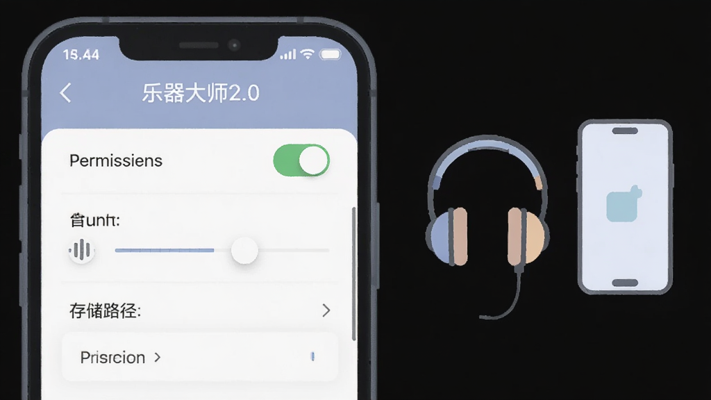手机屏幕显示乐器大师2.0的设置界面,包含权限开关、音量滑块、存储路径选项,界面整洁,配色柔和,旁边有耳机与手机图标,扁平风格,画质清晰干净