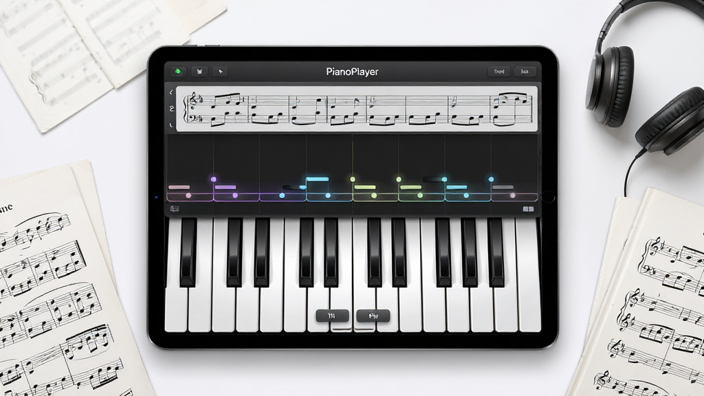 һ��չʾ PianoPlayer ����������ĳ���ͼ�������������һ̨ƽ����ԣ���Ļ����ʾ�ڰ�ɫ������ټ����������������������Ϸ������׹���������Χɢ�伸��������һ�����������岼�־��жԳƣ����Ϊ��ˬ�ִ��������Ʒչʾ�磬ϸ�ڰ����ټ���������水ť�������Ӱ�����ʸ��壬����ɾ����޶���Ԫ��