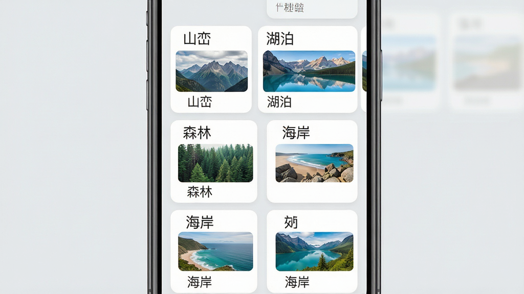 主体为手机界面展示景观分类标签墙,布局为网格状排列的分类卡片,排版整齐有序,风格为扁平化清新设计,细节包括“山峦”“湖泊”“森林”“海岸”等分类名称卡片、每张卡片配一张小尺寸风景缩略图,画质清晰干净无多余元素,背景为浅灰色