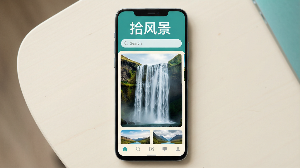 主体为一部安卓手机屏幕显示景观壁纸瀑布流界面,布局为手机居中放置于浅色桌面,排版上方留白放置“拾风景”三个字,风格为清新简约的现代UI展示,细节包括屏幕内多张自然风景缩略图卡片、顶部搜索栏、底部导航图标,画质高清干净无多余元素,整体色调以青绿与米白为主