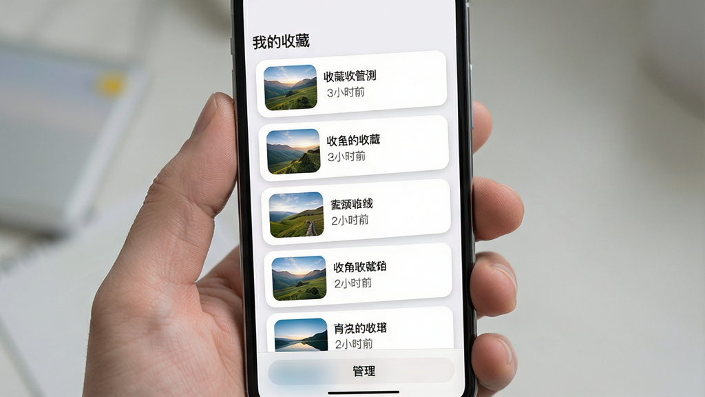 主体为手机屏幕展示收藏夹列表界面,布局为纵向列表排列已收藏的风景图片缩略图,排版左侧为缩略图右侧为文件名与收藏时间,风格为清爽浅色卡片式设计,细节包括顶部“我的收藏”标题、每行卡片带圆角与轻微阴影、底部有管理按钮,画质高清干净无多余元素