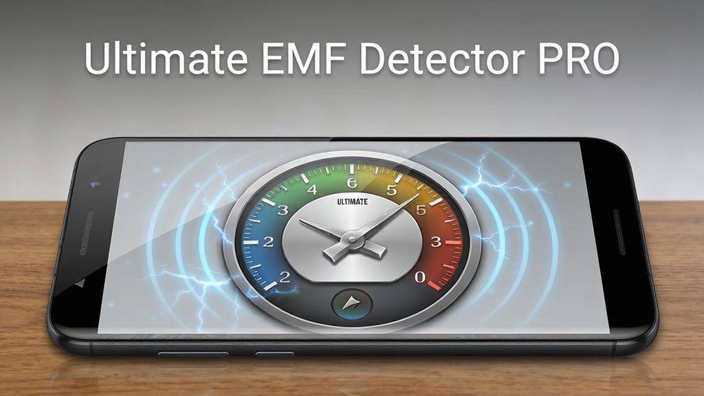 һ����׿�����ֻ�ƽ����ľ�������ϣ���Ļ��ʾUltimate EMF Detector PRO�����ﻯԲ���Ǳ��̽��棬ָ��ָ���и���ֵ������Χ�����ŵ���ɫ��Ų���������΢���ĵ糡����Ч���������Ǽ���ǳ�ҽ��䣬���������Ϸ��ð�ɫ�޳�������д��