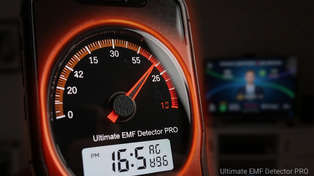 ��д��ͷ��׼�ֻ���Ļ������������Ultimate EMF Detector PRO��Բ��ָ���Ǳ��̣�ָ������ƫ���ɫ��ֵ������Ļ��Ե������ʾ�ԵĳȺ�ɫ���Σ������黯����Ϊ�谵�����ڻ������Ǳ����·���ʾʵʱ���ֶ����������Ҳ���һ��С��