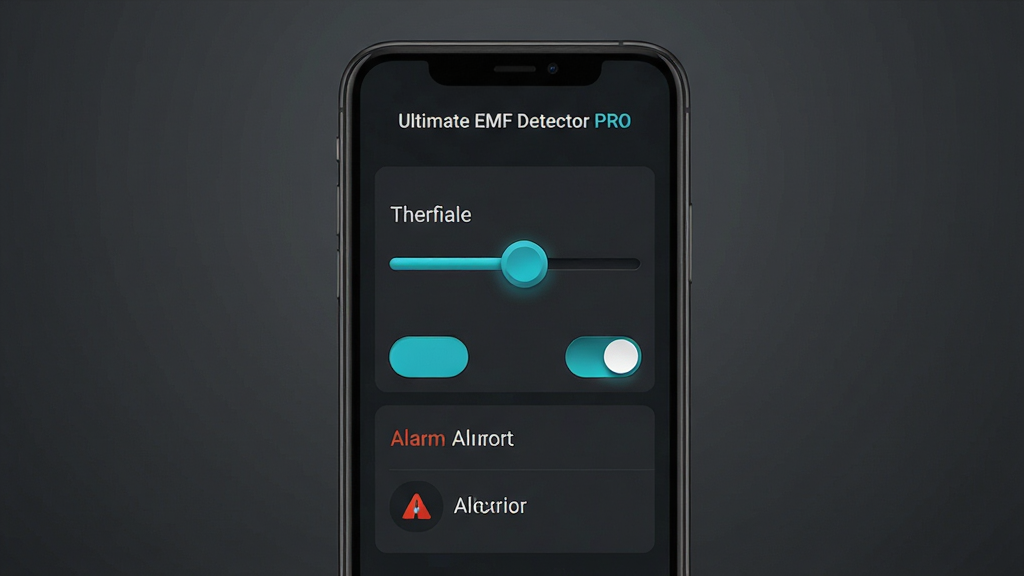 �ֻ���ĻչʾUltimate EMF Detector PRO��������壬������л�������ֵ�����������ذ�ť�뱨����ʾѡ����������ɫ����������ɫ�����������Ǽ�����ҽ��䣬��Ļ�Ϸ�������ʾ