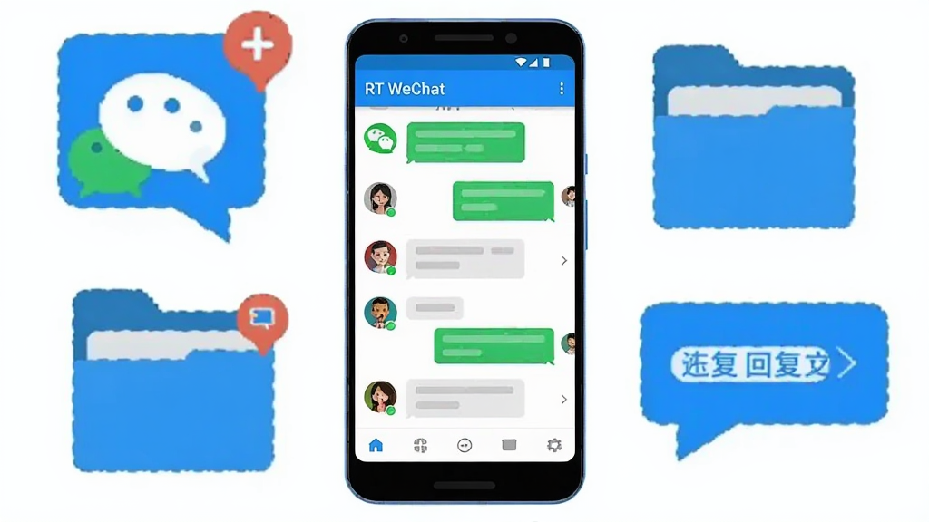 ��������չʾһ����׿�ֻ����ֻ���Ļ����ʾ��RT WeChat���������б����棬�������ͷ����Ϣ���ݺ͵ײ����������ֻ���Χ��������Ϣ֪ͨͼ�ꡢ�����ļ���ͼ��Ϳ�ݻظ����ݣ�������ñ�ƽ���廭���ɫ��������Ϊ���������ɾ���࣬���־��жԳƣ�ϸ�����������ʸ��壬�޶���װ��Ԫ��