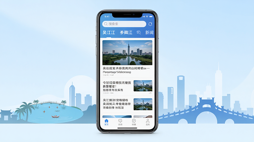 һ��չʾ���⽭App��ҳ������ֻ�����ͼ������������һ�����������ֻ�����Ļ����ʾ���⽭App��������Ѷ��ҳ���������������͵�����ǩ���в�Ϊͼ�����ſ�Ƭ�б����ײ�Ϊ���ܵ��������ֻ�����Ϊ����ɫ���䣬��Χ��׺�⽭���м�ӰԪ���綫̫���������ţ����������¼�Լ�����������ɾ����޶���Ԫ��