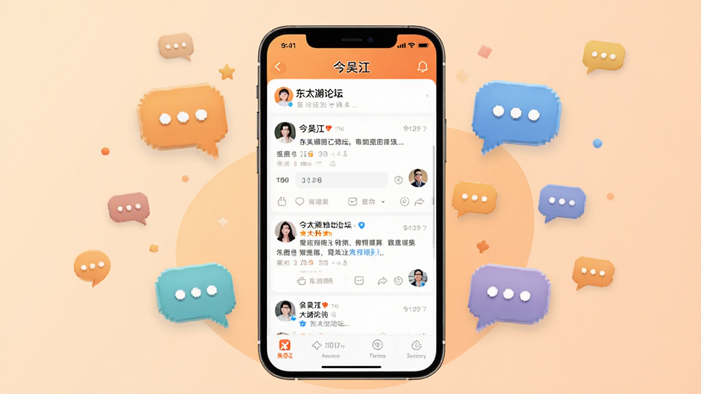 һ��չʾ���⽭App������̳���ܵ�AI��ͼ����������Ϊһ���ֻ���Ļ��ʾ���⽭App�Ķ�̫����̳ҳ�棬ҳ�����������б����û�ͷ���ֻ�����Ϊ����ɫ���䣬��Χ����������ͼ���׺������Ϊ�ֻ����С�Ԫ�ػ��ƣ��������Ѻã�ϸ�����������ʸɾ����޶���Ԫ��