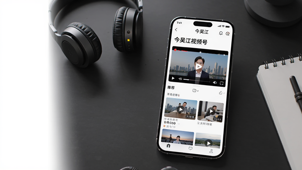 һ��չʾ���⽭App��Ƶ�Ź��ܵ�AI��ͼ����������Ϊһ���ֻ���Ļ��ʾ���⽭App����Ƶ����ҳ�棬ҳ��������Ƶ���Ŵ��ں��Ƽ���Ƶ�б�����Ļ�Ϸ���