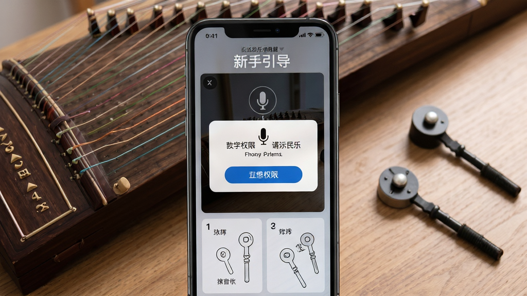 手机屏幕显示古筝民乐调音器的新手引导页面,界面中有麦克风权限提示弹窗与操作步骤示意,背景为古筝琴弦与调音扳手的桌面特写,布局以手机屏幕为主体、周围环境为辅,风格教学示意写实,细节包括弹窗按钮、步骤序号、琴弦质感,画质清晰干净无多余元素