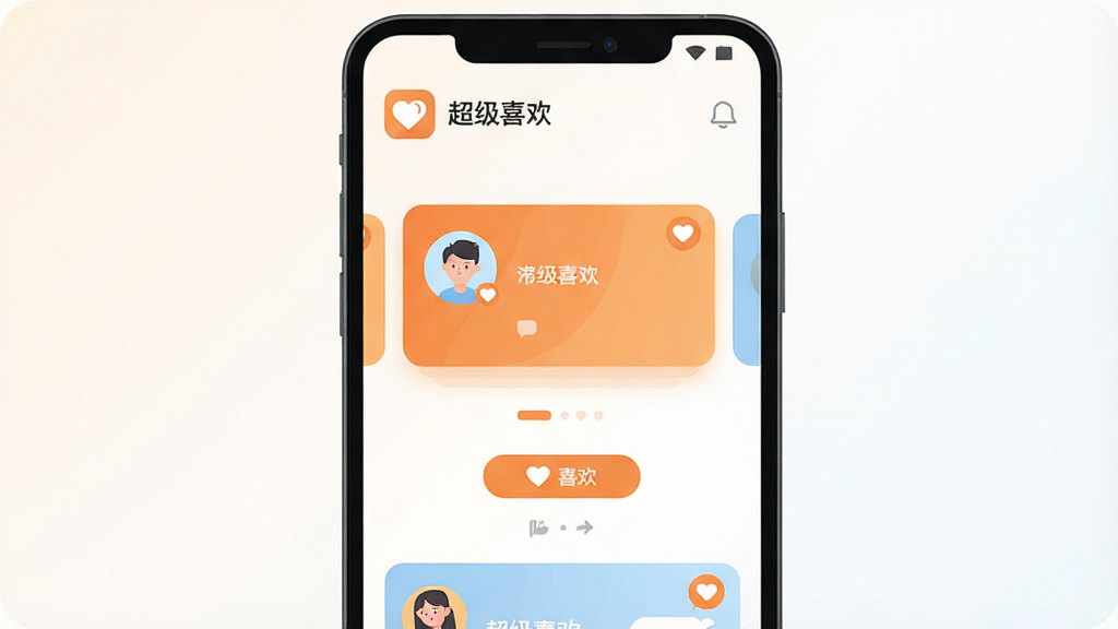 ����Ϊһ��������׿�ֻ�����Ļ����չʾ�罻Ӧ����ҳ���棬�����û�ͷ��Ƭ��ϲ����ť������Ϊ�ֻ����С�ǳɫ���䱳�����������׳��㣻�Ű��࣬������Ӧ�����ơ�����ϲ���������Ϊ�ִ���ƽ��UI�廭����ɫ��ů����ǳ��Ϊ����ϸ�ڰ���Բ�ǿ�Ƭ������ͼ�ꡢ��Ϣ���ݵ�Ԫ�أ����������ɾ����޶���Ԫ��