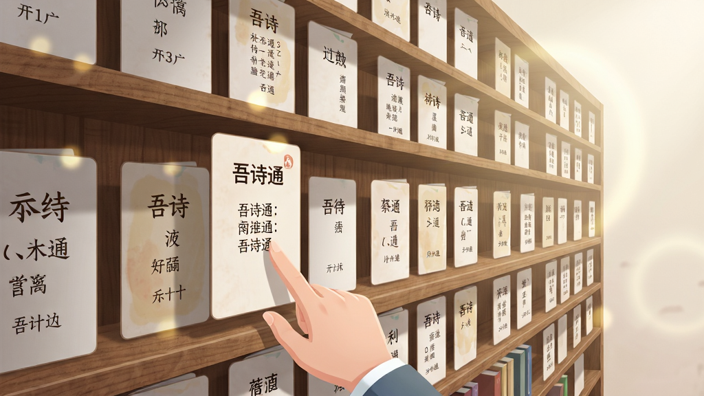 画面主体为一面由无数诗词卡片组成的虚拟书架墙,卡片上隐约可见不同朝代与作者名称,前景有一只手正在点击其中一张卡片,卡片放大后显示“吾诗通”标识与诗句内容,布局采用纵深透视构图,排版上卡片错落有致,风格为现代扁平化插画,细节包括卡片阴影、书架木质纹理、背景柔和光晕,画质清晰干净,无多余元素,整体氛围安静雅致