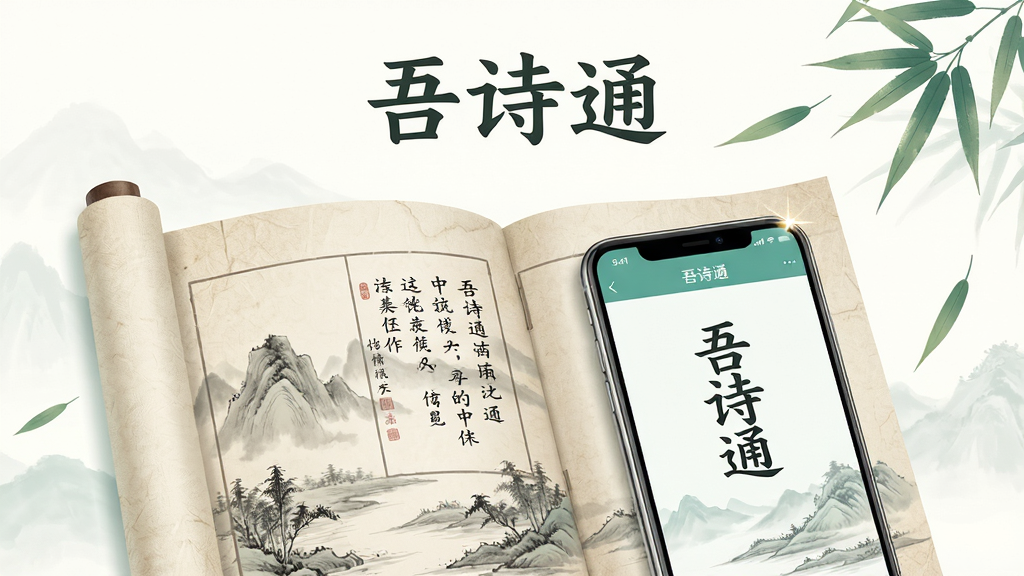画面主体为一本展开的古籍书卷与一部智能手机并排摆放,手机屏幕显示“吾诗通”应用界面,书卷上呈现淡雅的水墨山水与竖排诗句,布局采用左右均衡构图,排版上方留白处放置软件名称“吾诗通”四个字,风格为清新国风插画,细节包括书页纹理、手机边框高光、背景点缀几片飘落的竹叶,画质高清干净,无多余元素,整体色调以米白、青绿与浅墨色为主,适合作为软件介绍配图