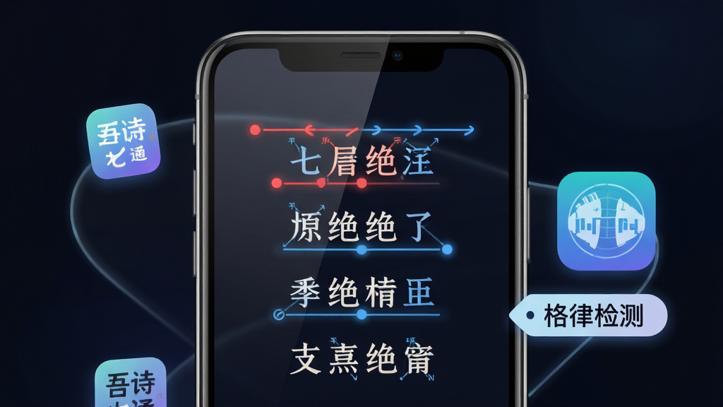 画面主体为一部手机屏幕特写,屏幕中显示一首七言绝句,诗句上方有红色与蓝色标注线表示平仄关系,屏幕旁边悬浮着“吾诗通”应用图标与“格律检测”字样标签,布局采用手机居中、图标环绕的排版,风格为科技感UI展示图,细节包括屏幕玻璃反光、标注线条的柔和发光效果、背景深色渐变,画质高清干净,无多余元素