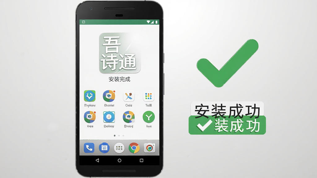 画面主体为一部安卓手机屏幕显示“吾诗通”安装完成界面,屏幕旁边放置一个绿色对勾图标与“安装成功”字样标签,布局采用手机居中、图标右上角点缀的排版,风格为扁平化教程示意图,细节包括手机边框、屏幕内应用图标排列、背景浅灰渐变,画质清晰干净,无多余元素