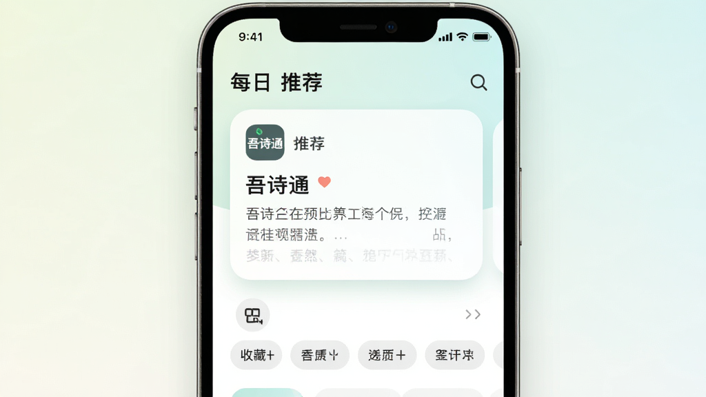 画面主体为手机屏幕竖向展示,屏幕内呈现“每日推荐”卡片界面,卡片上有“吾诗通”标志与一首诗词标题,下方排列着收藏夹图标与标签分类按钮,布局采用上下分层排版,风格为清新浅色系UI设计图,细节包括卡片圆角、柔和投影、背景淡雅渐变,画质清晰干净,无多余元素