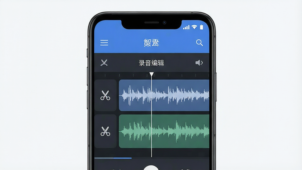 主体为一部安卓手机屏幕展示录音编辑软件主界面,布局为居中手机正面视角,排版为上下结构上方标题栏下方波形编辑区,风格为清爽科技感扁平化设计,细节为界面中显示音频波形轨道与剪刀图标并配有“录音编辑”文字标识,画质高清干净无多余元素