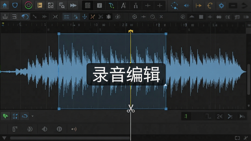 主体为录音编辑软件的音频波形编辑界面特写,布局为横向波形轨道占据画面主体,排版为上方工具栏下方时间轴,风格为深色专业音频软件质感,细节为波形高低起伏清晰可见并带有选区高亮与剪刀光标,画面中央标注“录音编辑”字样,画质锐利干净无多余元素