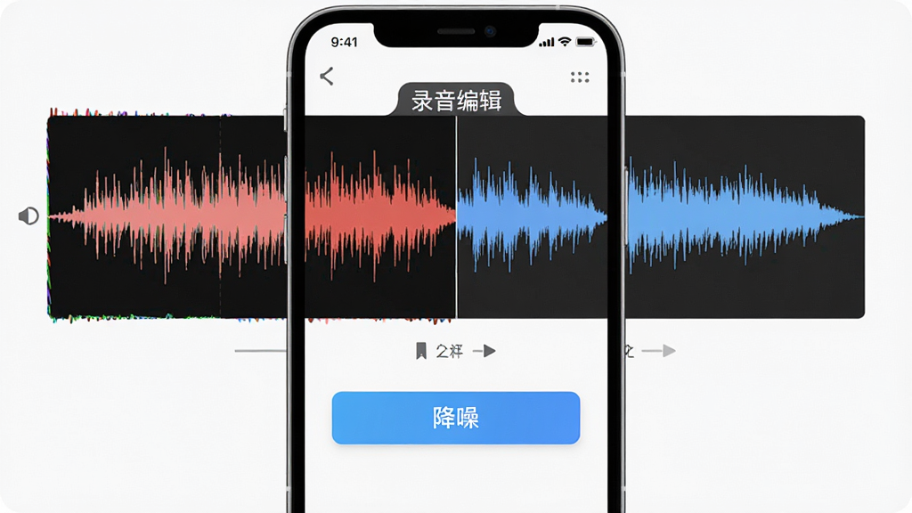 主体为录音编辑软件降噪功能操作界面,布局为手机屏幕居中展示,排版为上方波形对比图下方降噪按钮,风格为明亮简洁的工具类应用视觉,细节为左侧嘈杂波形右侧干净波形形成对比并带有“录音编辑”文字标签,画质清晰干净无多余元素