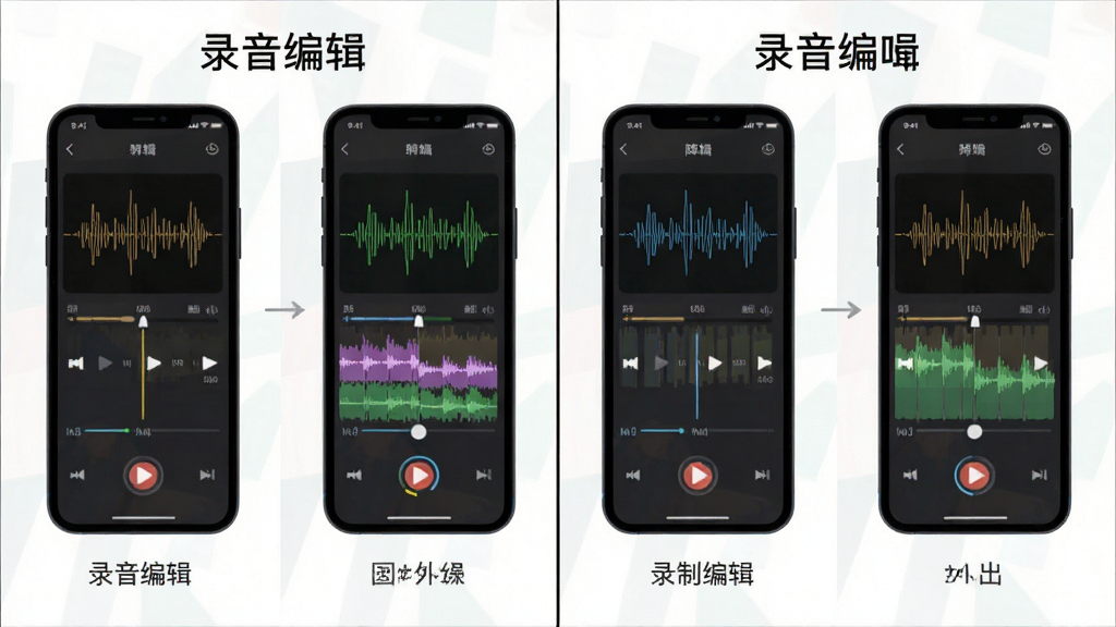主体为录音编辑软件操作流程示意图,布局为四格分镜展示录制剪辑降噪导出四个步骤,排版为从左到右横向排列,风格为扁平化图标设计,细节为每格配有手机界面缩略图与“录音编辑”文字标注,画质清晰干净无多余元素