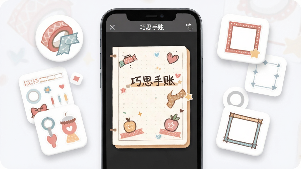 ��������Ϊ�ֻ���Ļչʾ���˱༭���棬��Ļ����Ϊһ��װ����ɵ�����ҳ�棬���������Ž�������ֽ��߿��ز�ͼ�꣬����Ϊ�ֻ����С��زĻ���ʽ�Ű棬���Ϊ��ˬUI�廭�磬ϸ�ڰ���Բ���زĿ�Ƭ�����ͶӰ��ǳɫ���������������ɾ��޶���Ԫ�أ�ͼ�г������֡���˼���ˡ���